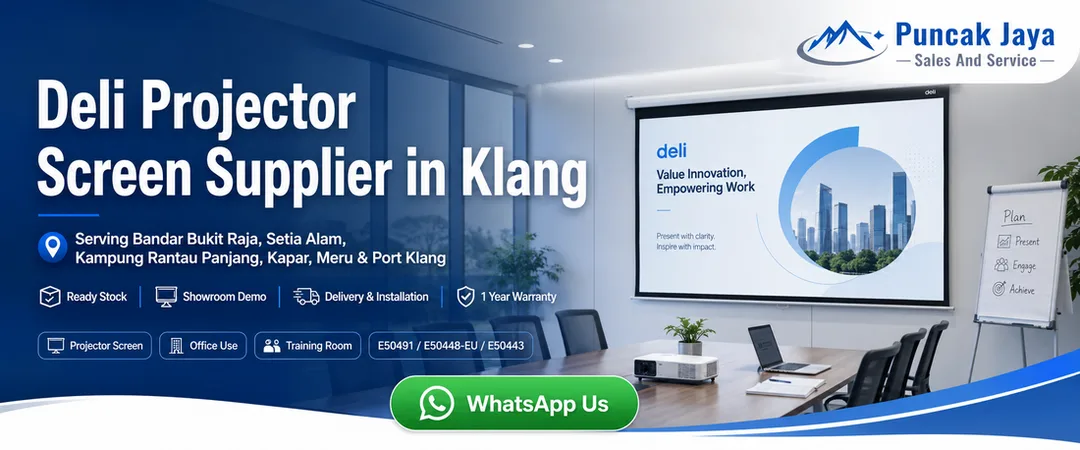 Deli projector screen supplier in Klang Puncak Jaya Sales And Service with ready stock delivery installation showroom demo and warranty