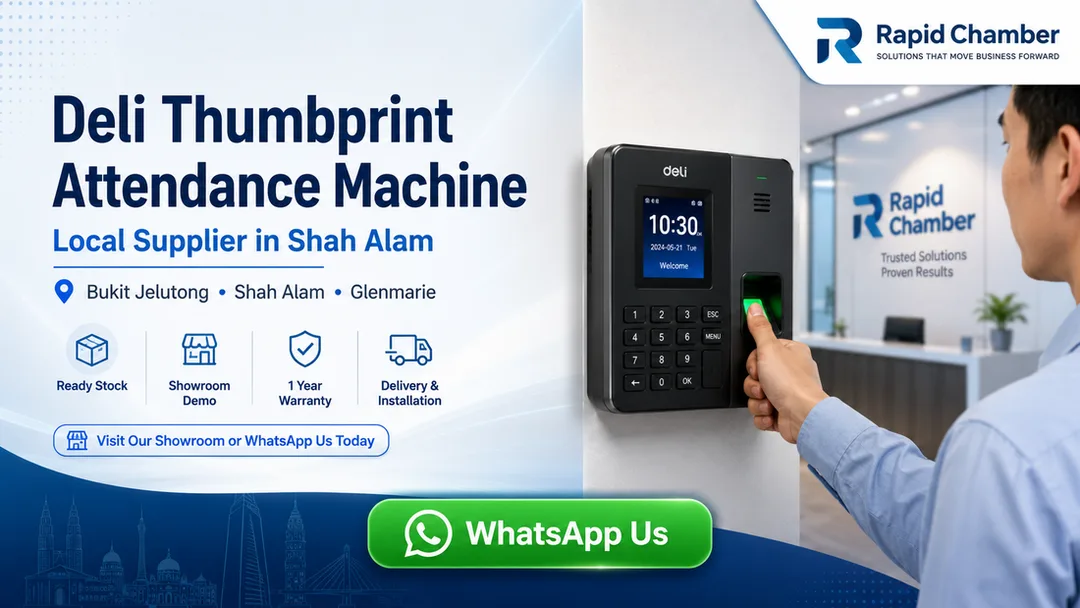 Deli thumbprint attendance machine supplier in Shah Alam Rapid Chamber Bukit Jelutong with showroom demo delivery installation user training and onsite service