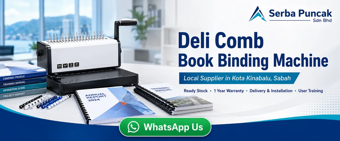 Deli comb book binding machine supplier in Kota Kinabalu Serba Puncak Sabah with ready stock warranty delivery installation showroom demo and onsite service