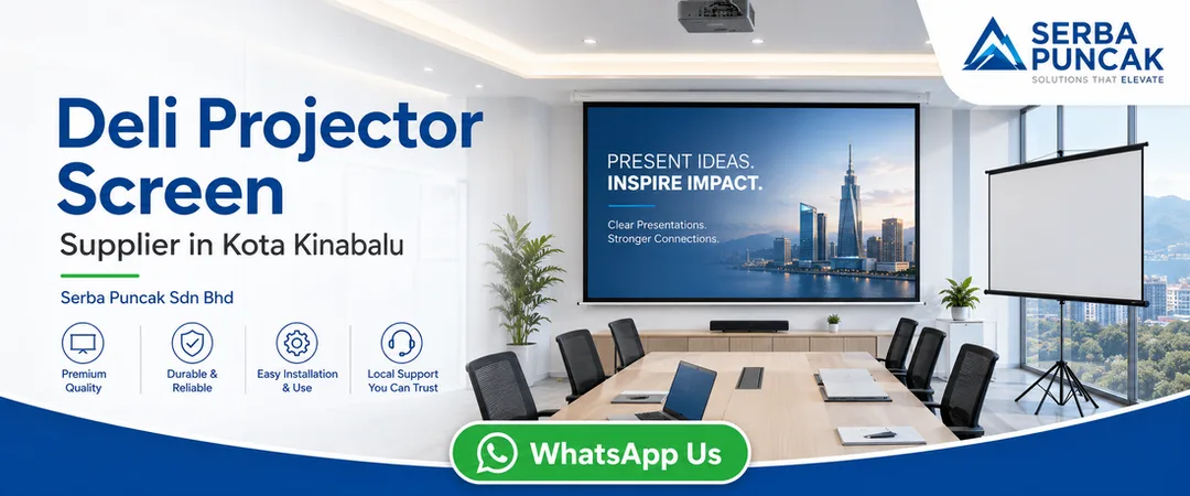 Deli projector screen supplier in Kota Kinabalu Serba Puncak Sabah with ready stock delivery installation showroom demo and warranty