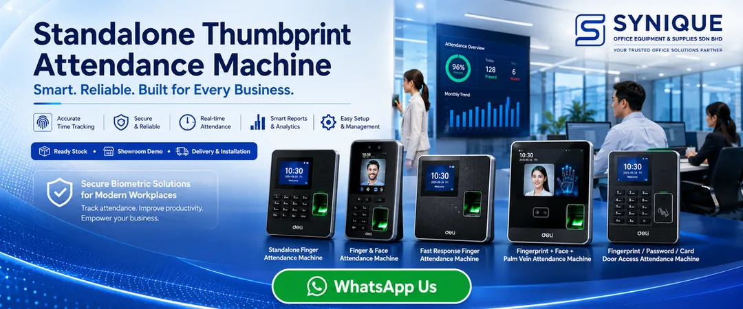 Standalone Deli thumbprint attendance machine supplier in Kuching Synique Office Equipment with showroom demo ready stock delivery installation user training and onsite service