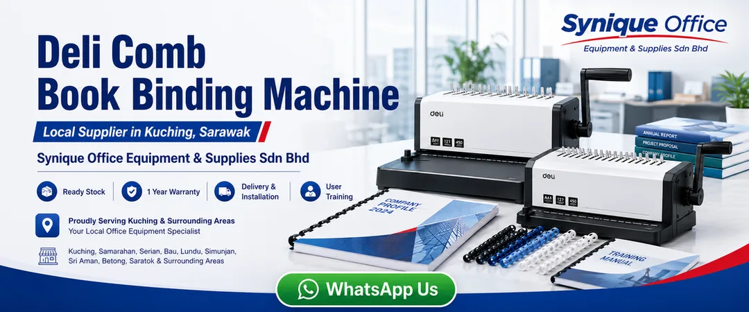Deli comb book binding machine supplier in Kuching Synique Office Equipment with ready stock warranty delivery installation showroom demo and onsite service