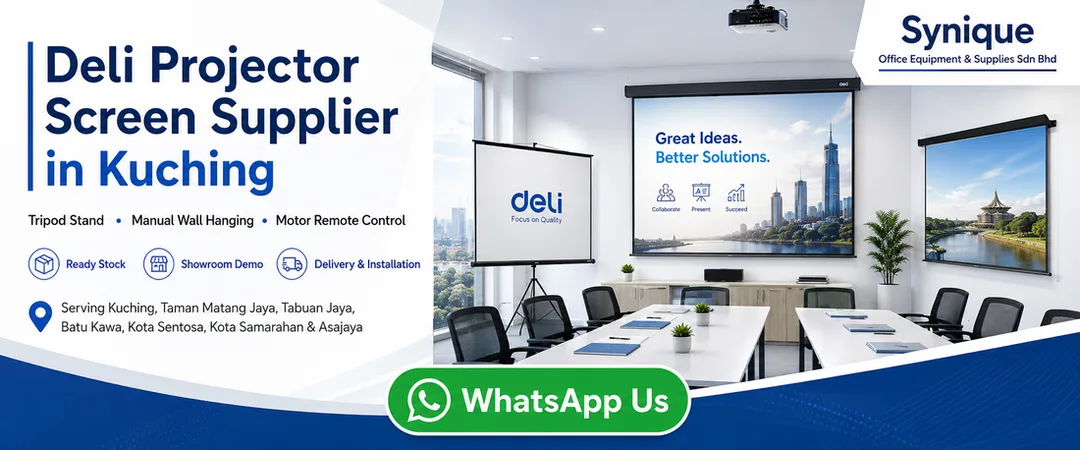 Deli projector screen supplier in Kuching Synique Office Equipment with tripod stand manual wall hanging motor remote control screen ready stock delivery installation and warranty