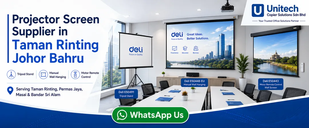 Deli projector screen supplier in Taman Rinting Johor Bahru Unitech Copier with tripod stand manual wall hanging motor remote control screen ready stock delivery installation and warranty