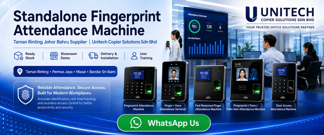 Standalone Deli fingerprint attendance machine supplier in Taman Rinting Johor Bahru Unitech Copier Solutions with showroom demo ready stock delivery installation user training and onsite service